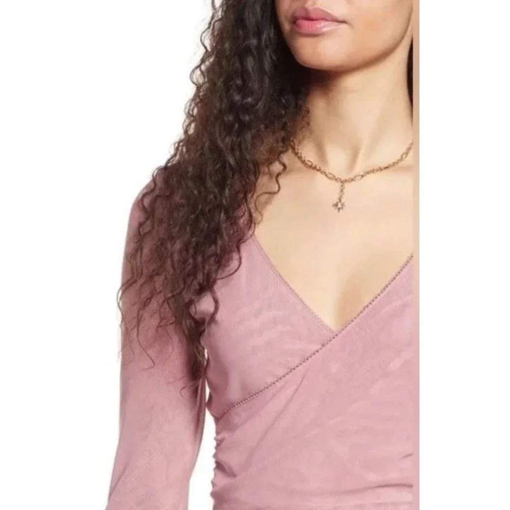 BP. Women's Long Sleeve V-Neck Faux Wrap Mesh Crop Top in Pink Nostalgia Small